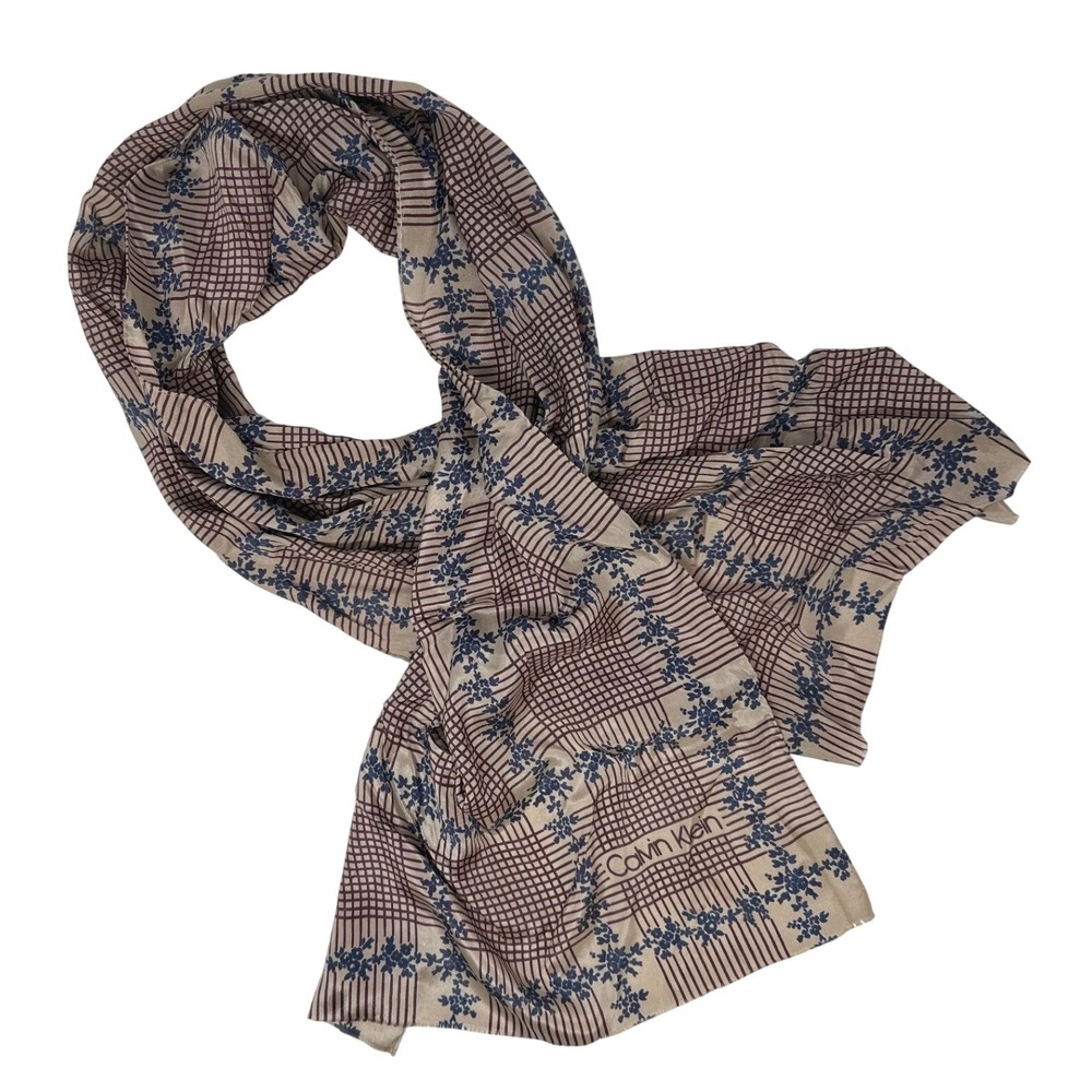 1980s-90s Calvin Klein Silk Crosshatch Floral Dark Academia Prep Scarf 52" x 15"